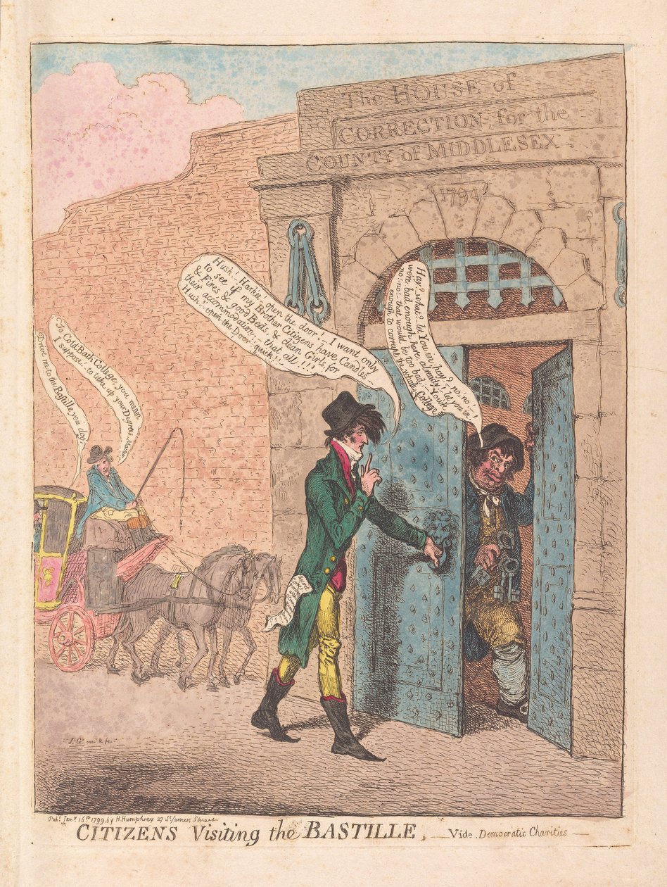 Borgere på besøg i Bastillen, pub. 1799 (håndkoloreret gravering) af James Gillray
