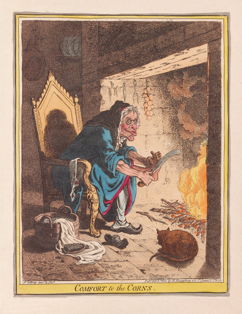 Comfort to the Corns, pub. 1800 (håndfarvet gravering) af James Gillray