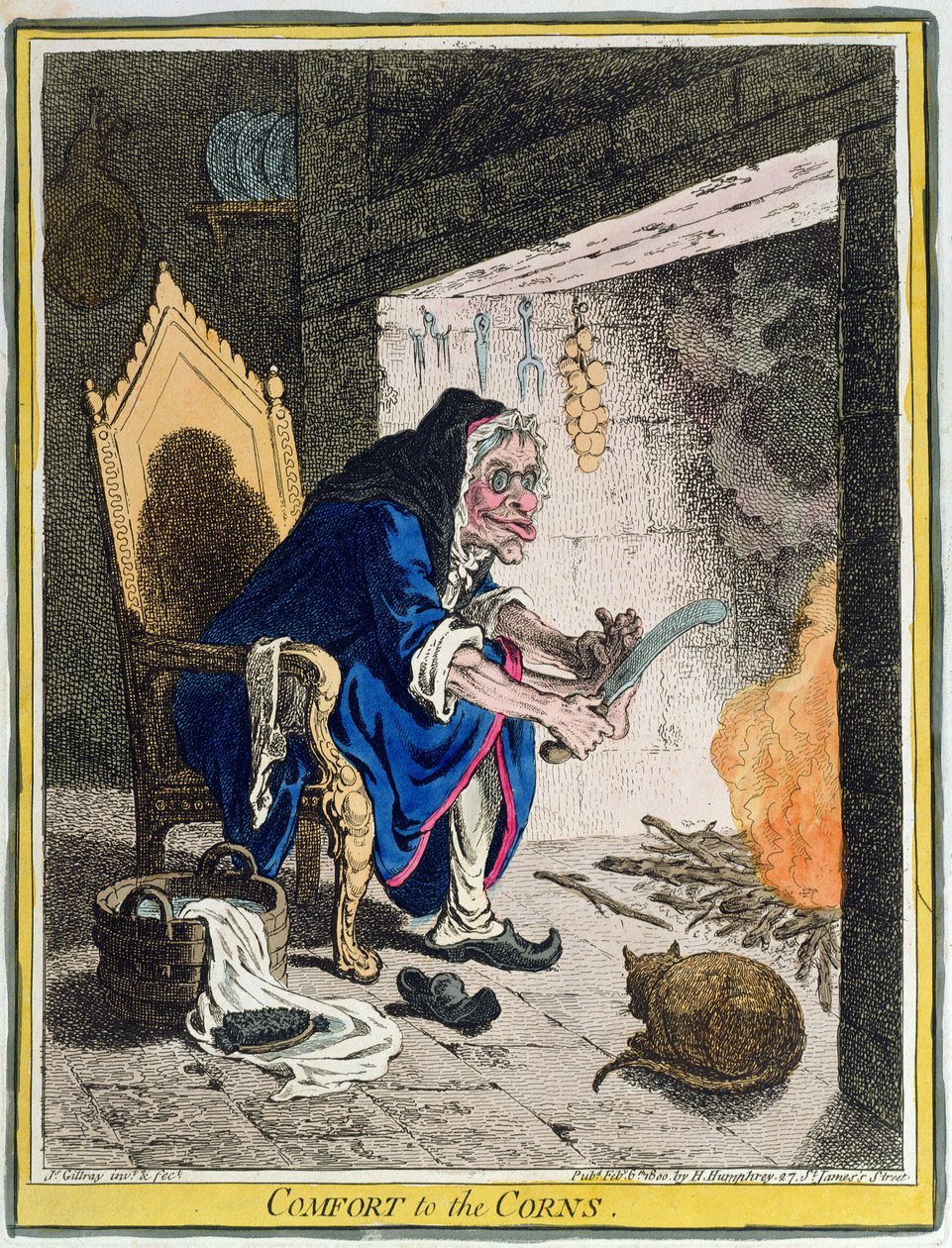 Comfort to the Corns, udgivet af Hannah Humphrey i 1800 (håndfarvet radering) af James Gillray