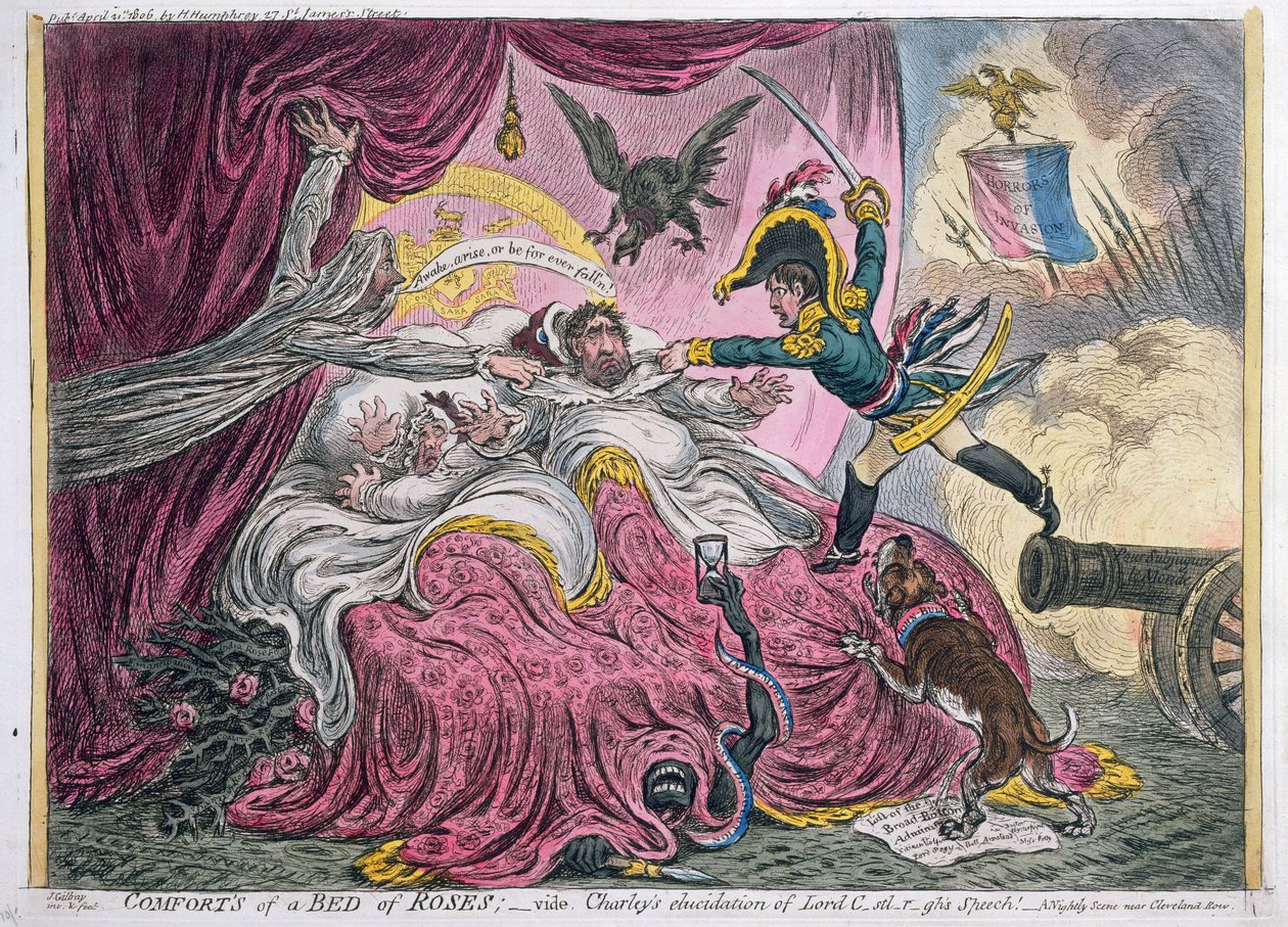 Comforts of a Bed of Roses, udgivet af Hannah Humphrey i 1806 (håndfarvet radering med akvatint) af James Gillray