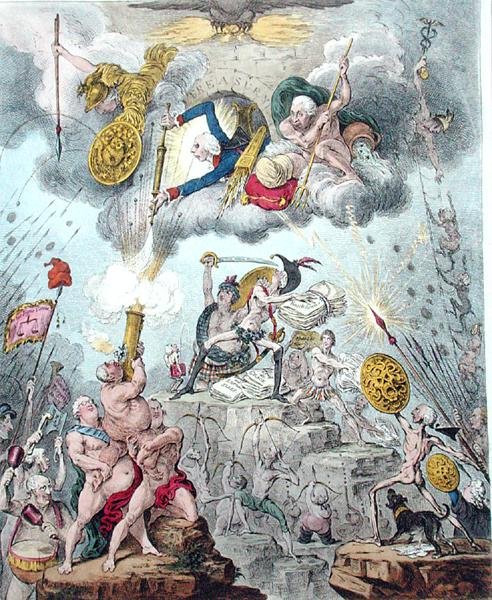 Confederated Coalition, eller The Giants Storming Heaven, udgivet af Hannah Humphrey i 1804 (radering, gravering, akvatint og akvarel på papir) af James Gillray