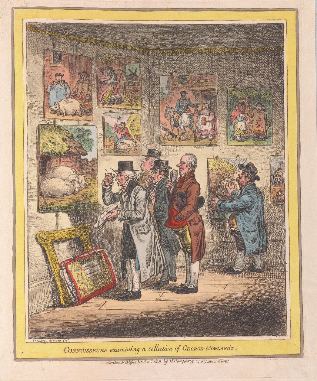 Kendere undersøger en samling af George Morlands, pub. 1807 (håndfarvet gravering) af James Gillray