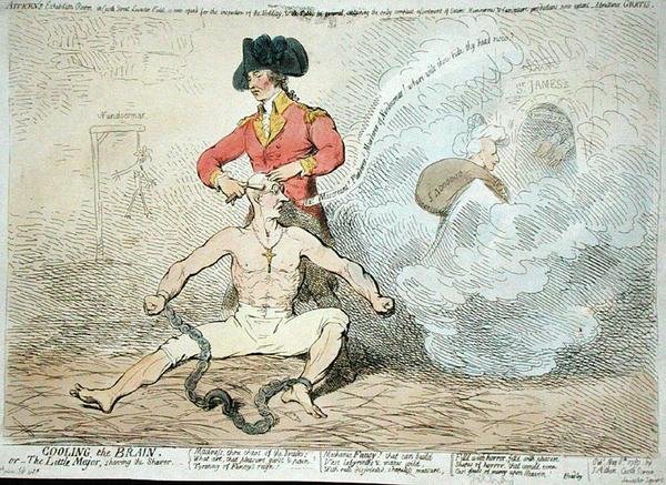 Cooling the Brain, eller The Little Mayor Shaving the Shaver, udgivet af J. Aitken i 1789 (håndfarvet radering) af James Gillray