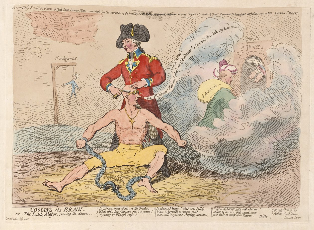 Cooling the Brain eller Little Major barberer barbermaskinen, pub. 1789 (håndfarvet gravering) af James Gillray