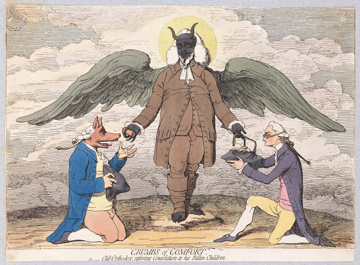 Crumbs of Comfort, eller gammel-ortodoks genskabelse af trøst til hans faldne børn, pub. 1782 (håndfarvet gravering) af James Gillray