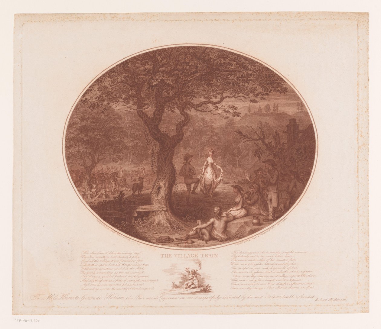 Dansende mand og kvinde under et træ Landsbytoget (titel på objekt) af James Gillray