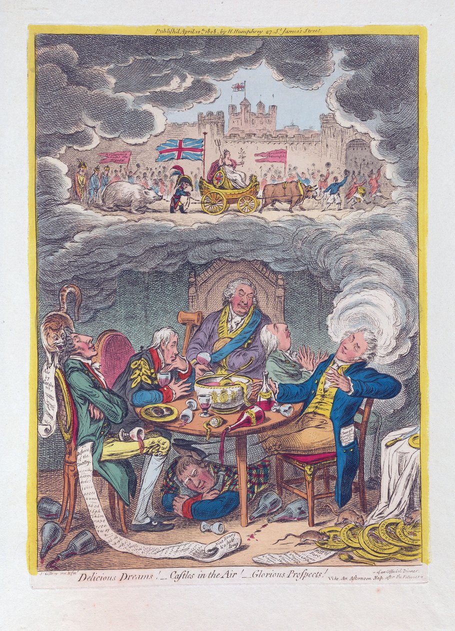 Delicious Dreams: Castles in the Air! - Glorious Prospects!, pub. 1808 (håndfarvet gravering) af James Gillray
