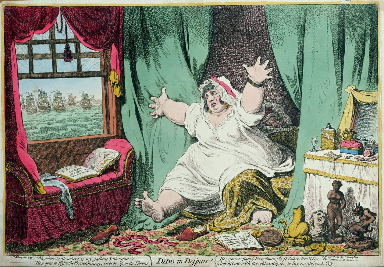 Dido in Despair, udgivet af Hannah Humphrey, 1801 (håndkoloreret gravering) af James Gillray