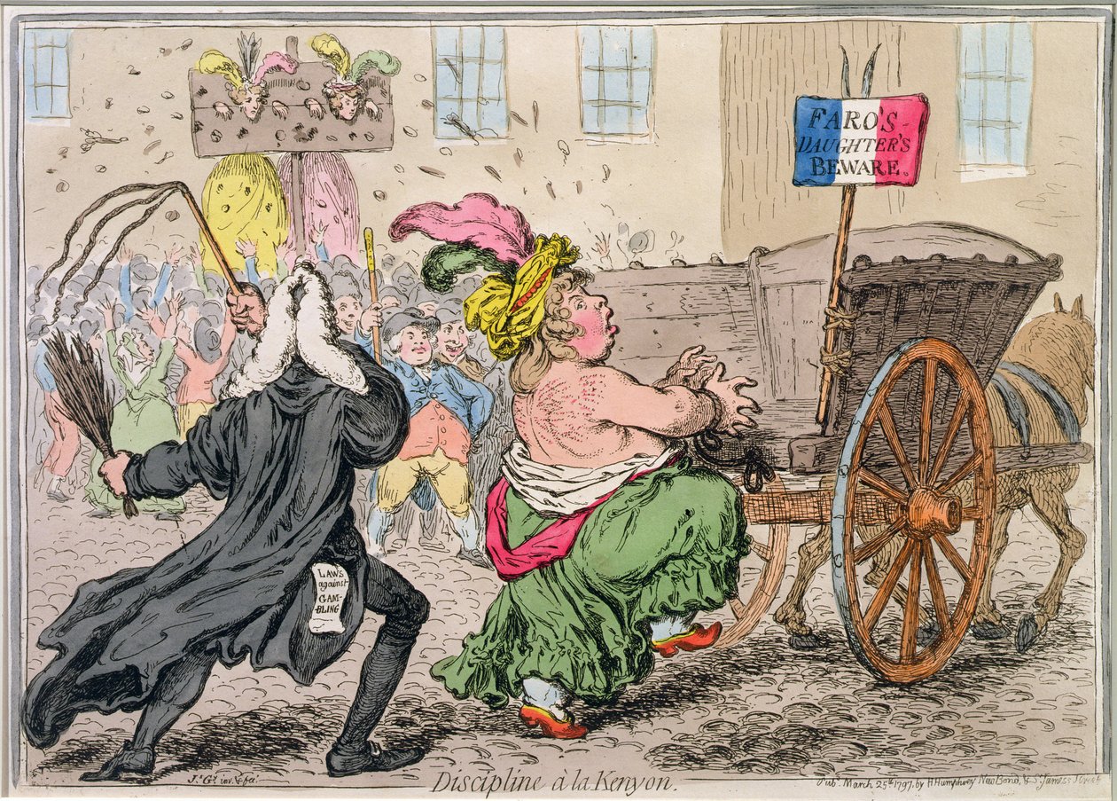 Discipline a la Kenyon, udgivet af Hannah Humphrey i 1797 (håndfarvet radering) af James Gillray