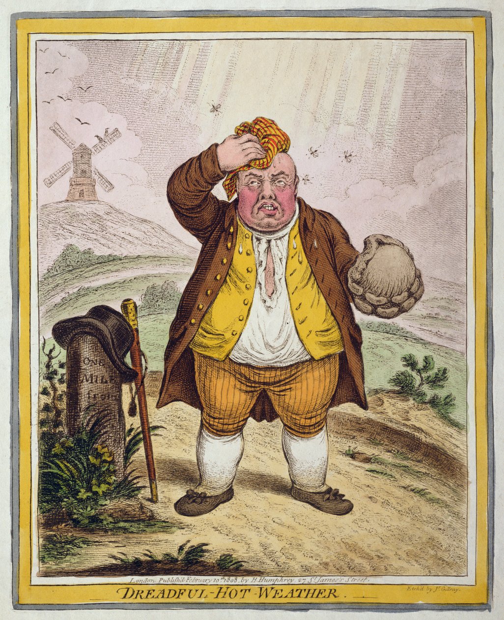 Skrækkeligt varmt vejr, udgivet af Hannah Humphrey i 1808 (håndkoloreret radering) af James Gillray