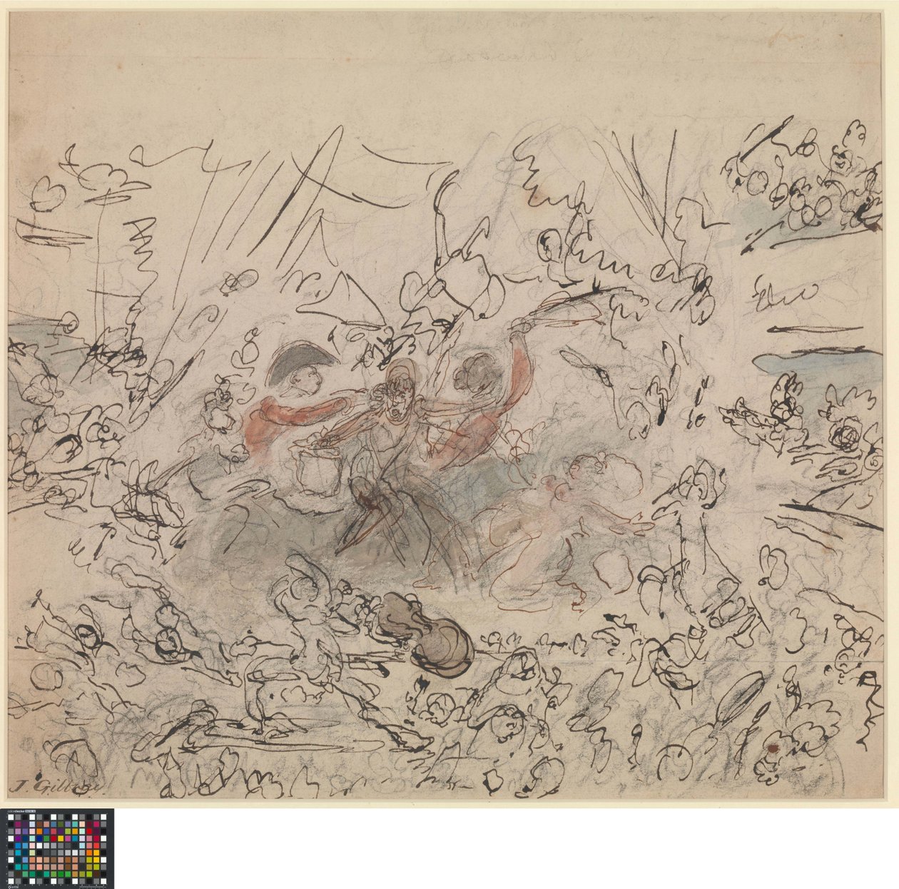 Hollandsk: Verdens skue: Napoleonskrigene (recto).  Liste over emner, der er "værdige til britiske kunstneres talent" (bagside) af James Gillray