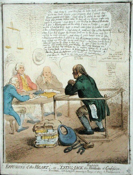 Effusions of the Heart, or Lying Jack the Blacksmith at Confession, udgivet af Hannah Humphrey i 1795 for Philanthropic Society (håndfarvet radering) af James Gillray