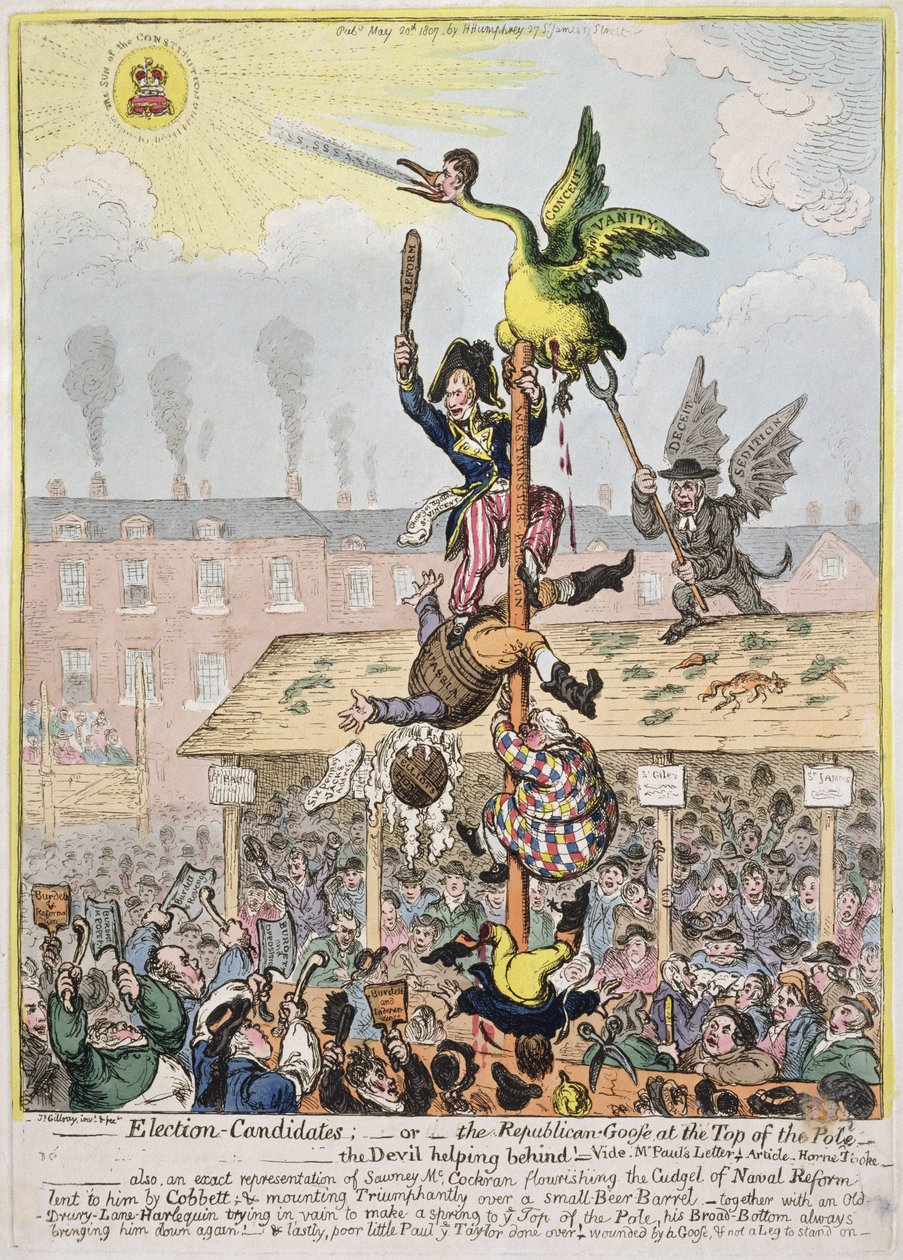 Valgkandidat, eller den republikanske gås på toppen af polen, udgivet af Hannah Humphrey i 1807 (håndfarvet radering) af James Gillray
