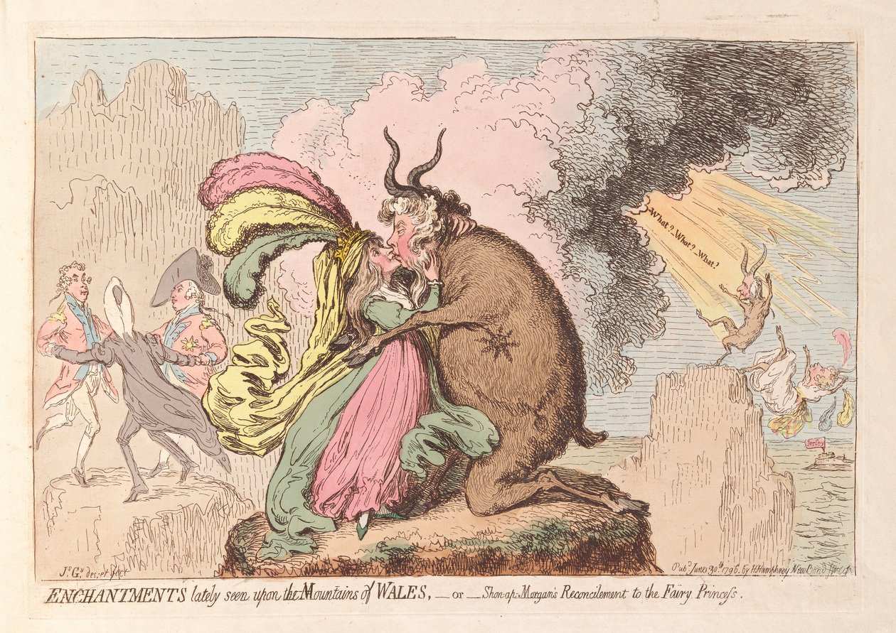 Fortryllelser for nylig set på bjergene i Wales eller Shon-ap Morgans Reconcilement to the Fairy Princess, pub. 1796 (håndfarvet gravering) af James Gillray