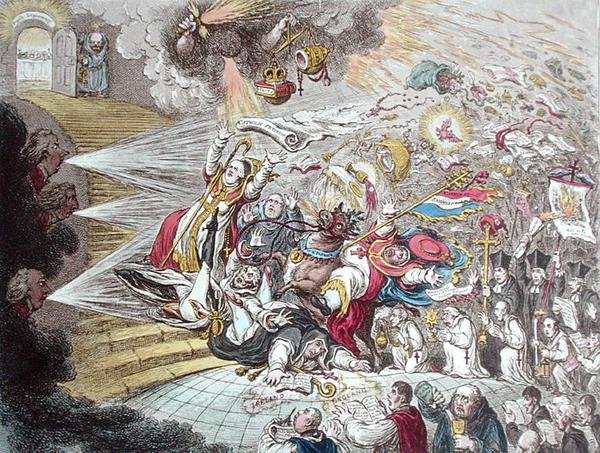 End of the Irish Farce of Catholic Emancipation, udgivet af Hannah Humphrey i 1805 (håndfarvet radering) af James Gillray