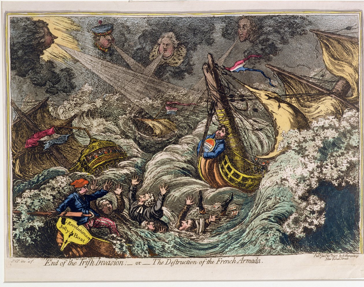 End of the Irish Invasion, or The Destruction of the French Armada, udgivet af Hannah Humphrey i 1797 (håndkoloreret radering og akvatint) af James Gillray