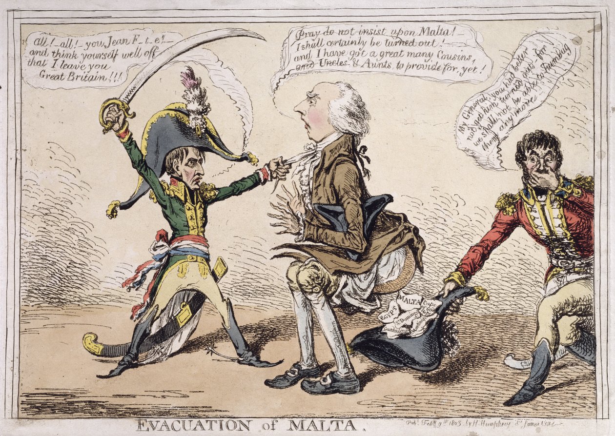 Evakuering af Malta, udgivet af Hannah Humphrey i 1803 (håndkoloreret radering) af James Gillray