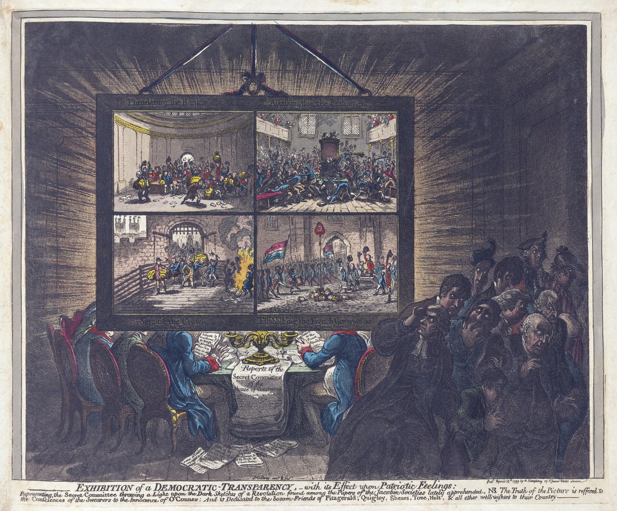 Udstilling af en demokratisk gennemsigtighed, med dens virkning på patriotiske følelser, pub. 1799 (håndfarvet gravering) af James Gillray