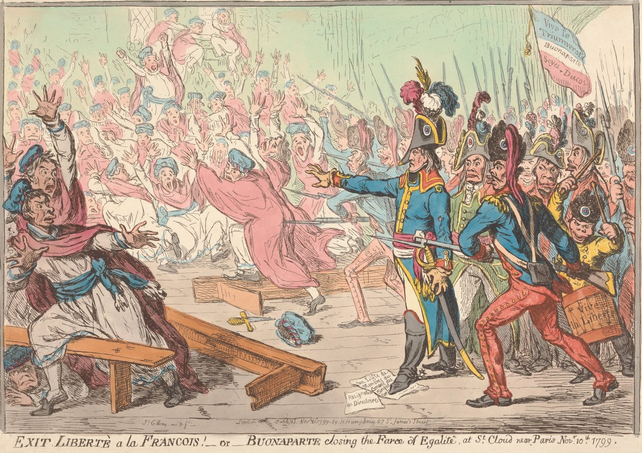 Farvel til »Liberté à la François«! – eller – Bonaparte sætter en stopper for farsen om »Égalité« i Saint-Cloud nær Paris, den 10. november 1799 af James Gillray