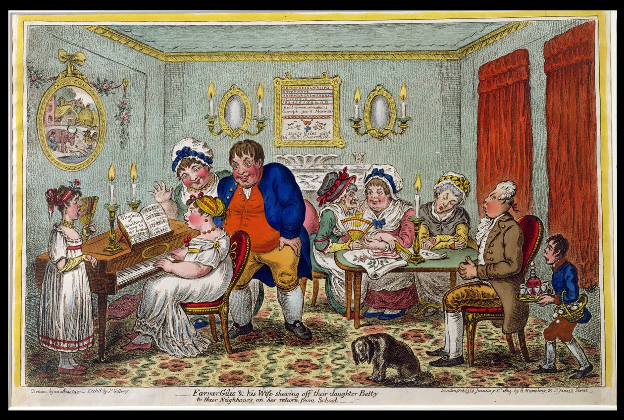 Farmer Giles og hans kone viser deres datter Betty frem for deres naboer, da hun vender tilbage fra skole, udgivet af Hannah Humphrey i 1809 (håndfarvet radering) af James Gillray