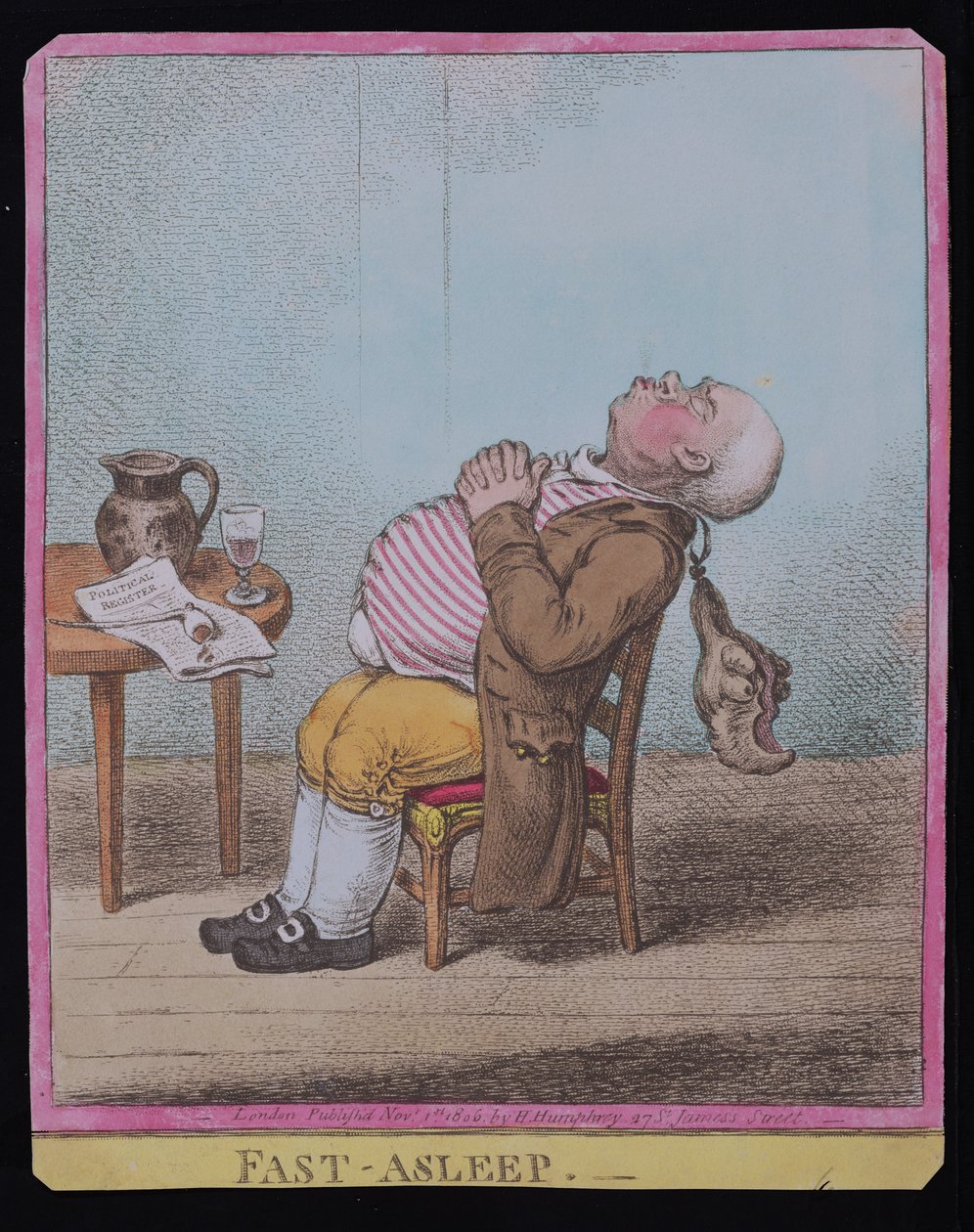 Fast Asleep, udgivet af Hannah Humphrey i 1806 (håndfarvet radering) (se også 189789) af James Gillray