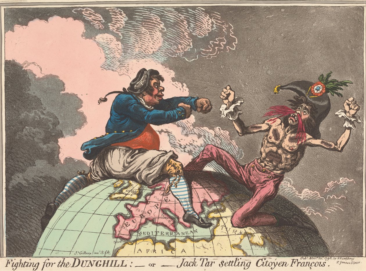Kampen om Dunghill – eller – Sømanden, der bliver til Citoyen François (fra: Caricature, bind 1) af James Gillray
