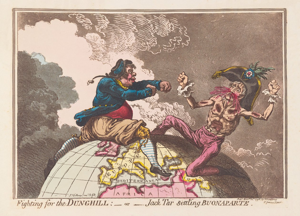 Fighting for the Dunghill eller Jack Tar, der afvikler Buonaparte, pub. 1798 (håndkoloreret gravering) af James Gillray
