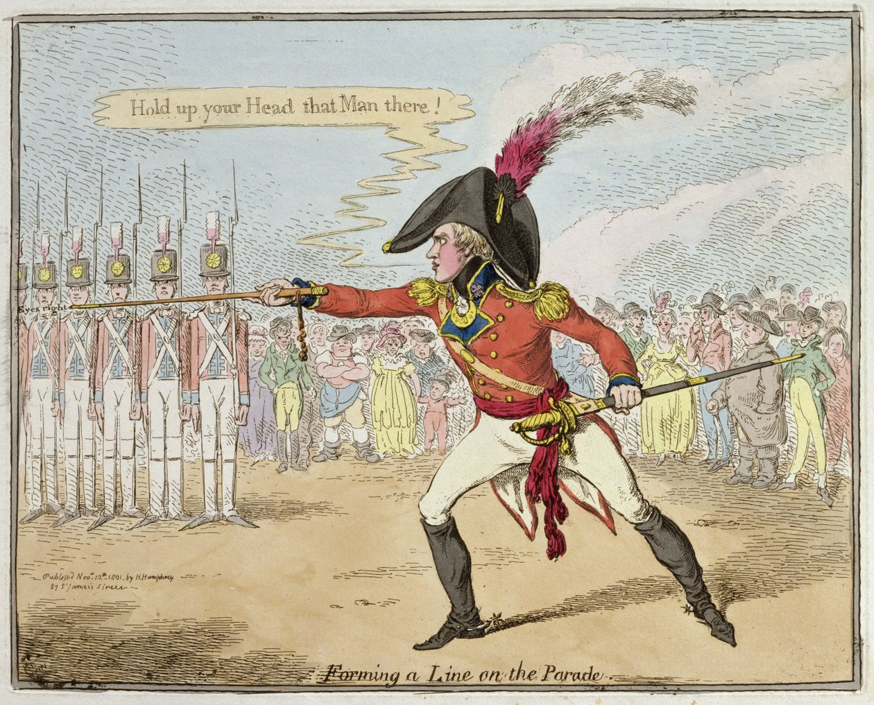 Forming a Line on the Parade, udgivet af Hannah Humphrey i 1801 (håndfarvet radering) af James Gillray