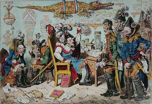 Franske generaler, der går på pension på grund af deres helbred med Lepaux som formand i Directorial Dispensary, udgivet af Hannah Humphrey i 1799 (håndfarvet radering) af James Gillray
