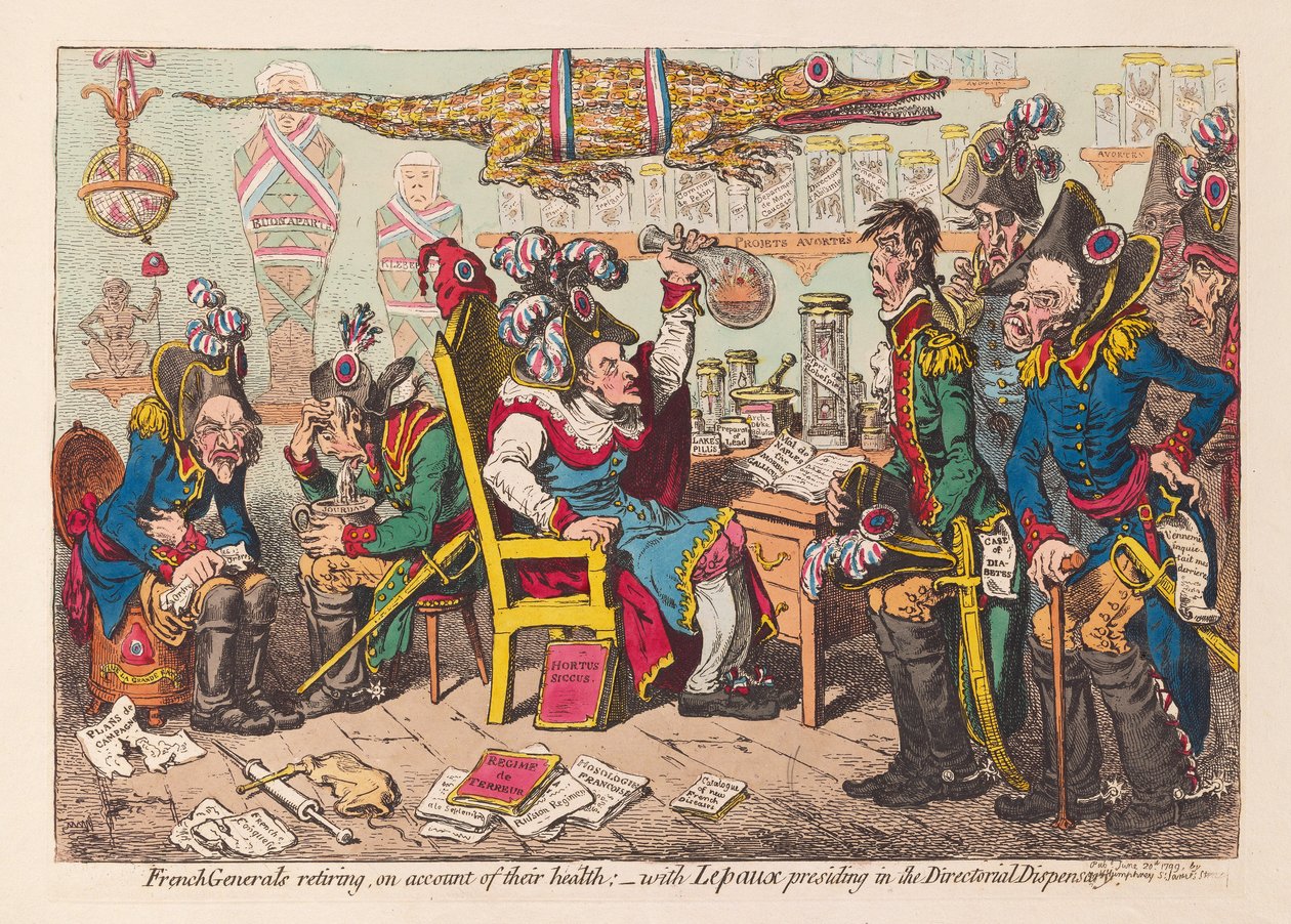 Franske generaler, der går på pension på grund af deres helbred: - med Lepaux som formand i Directorial Dispensary, pub. 1799 (håndfarvet gravering) af James Gillray