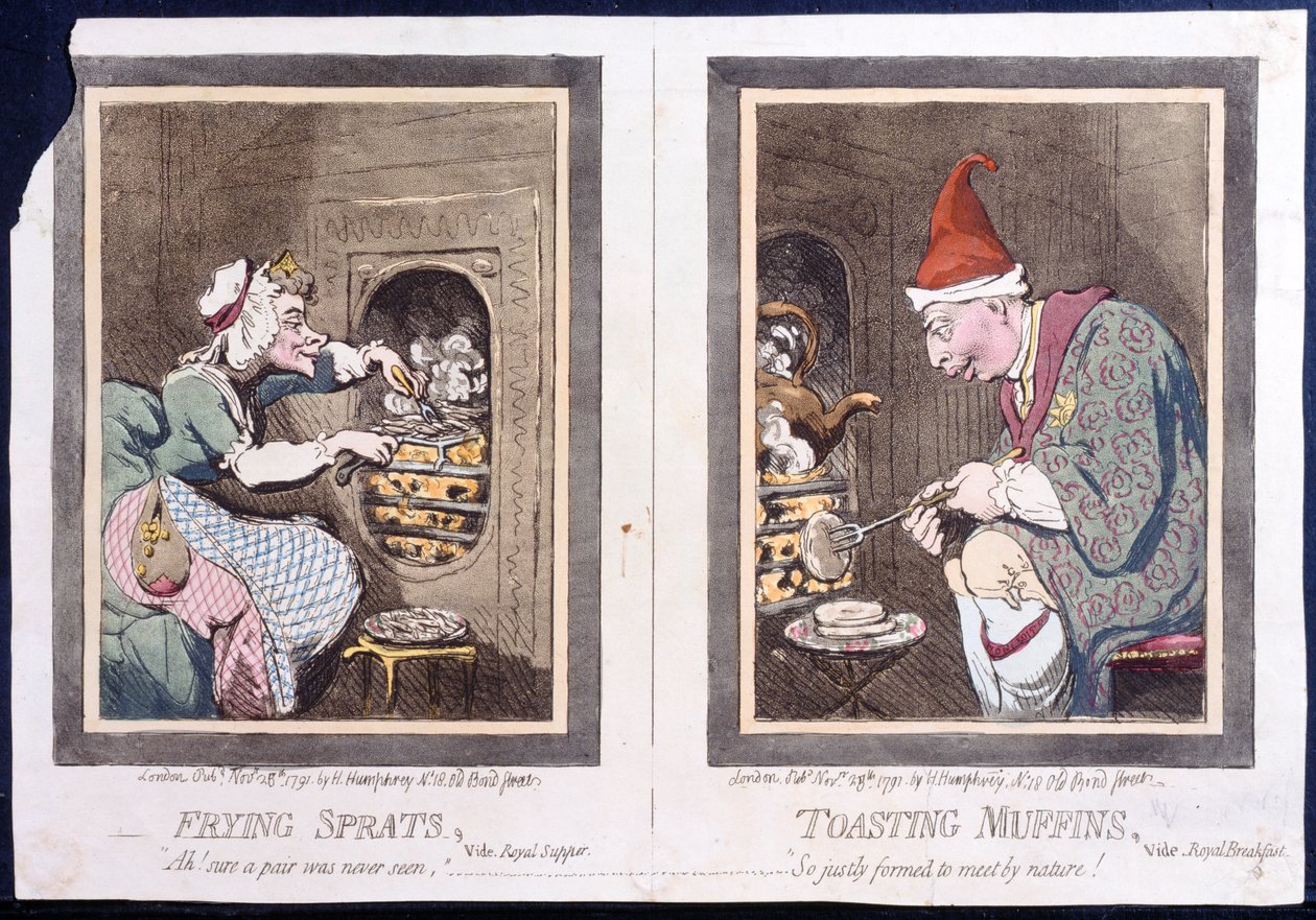 Friture Brisling, eller Royal Supper, and Toasting Muffins, eller Royal Breakfast, udgivet af Hannah Humphrey i 1791 (håndfarvet radering) af James Gillray