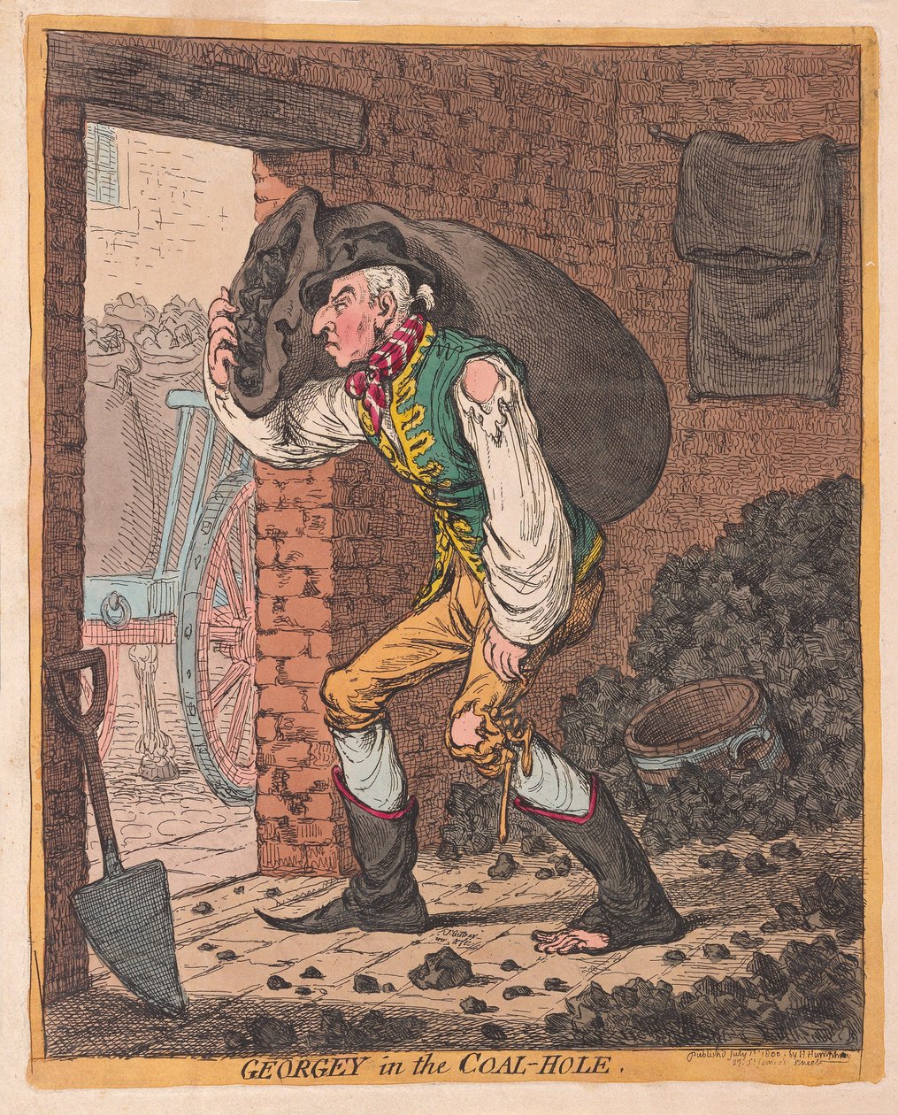 Georgey in the Coal Hole, pub. 1800 (håndfarvet gravering) af James Gillray