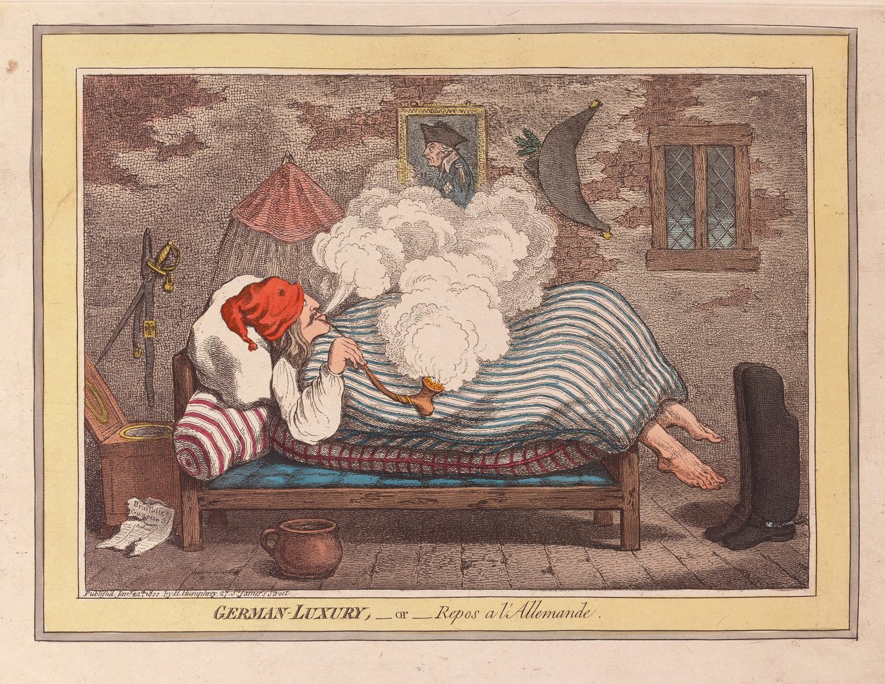 Tysk luksus eller Repos a LAllemande, pub. 1800 (håndkoloreret gravering) af James Gillray