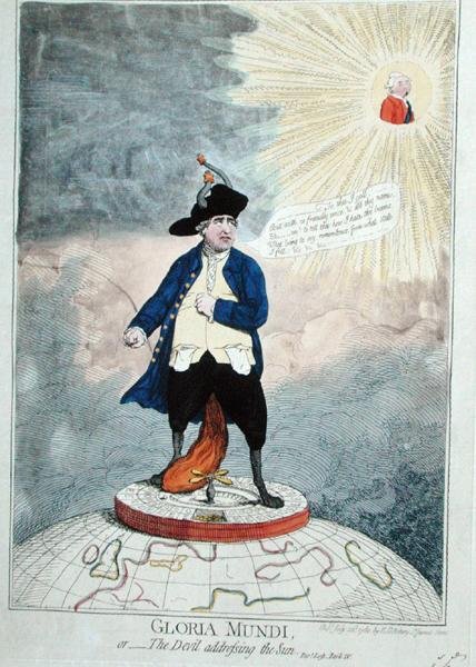 Gloria Mundi, eller The Devil Addressing the Sun, udgivet af William Humphrey i 1782 (håndfarvet gravering) af James Gillray