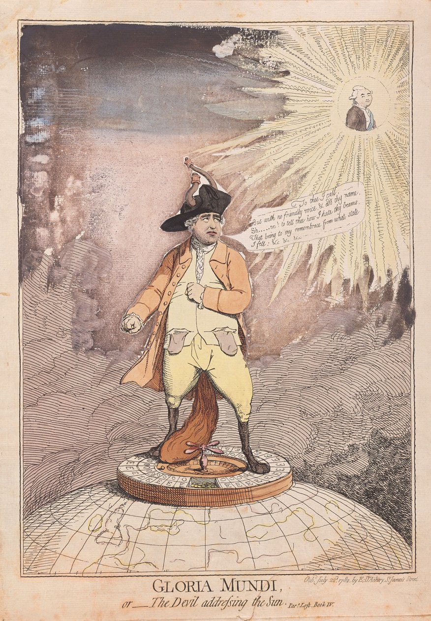 Gloria Mundi, eller Djævelen henvender sig til solen, pub. 1782 (håndfarvet gravering) af James Gillray