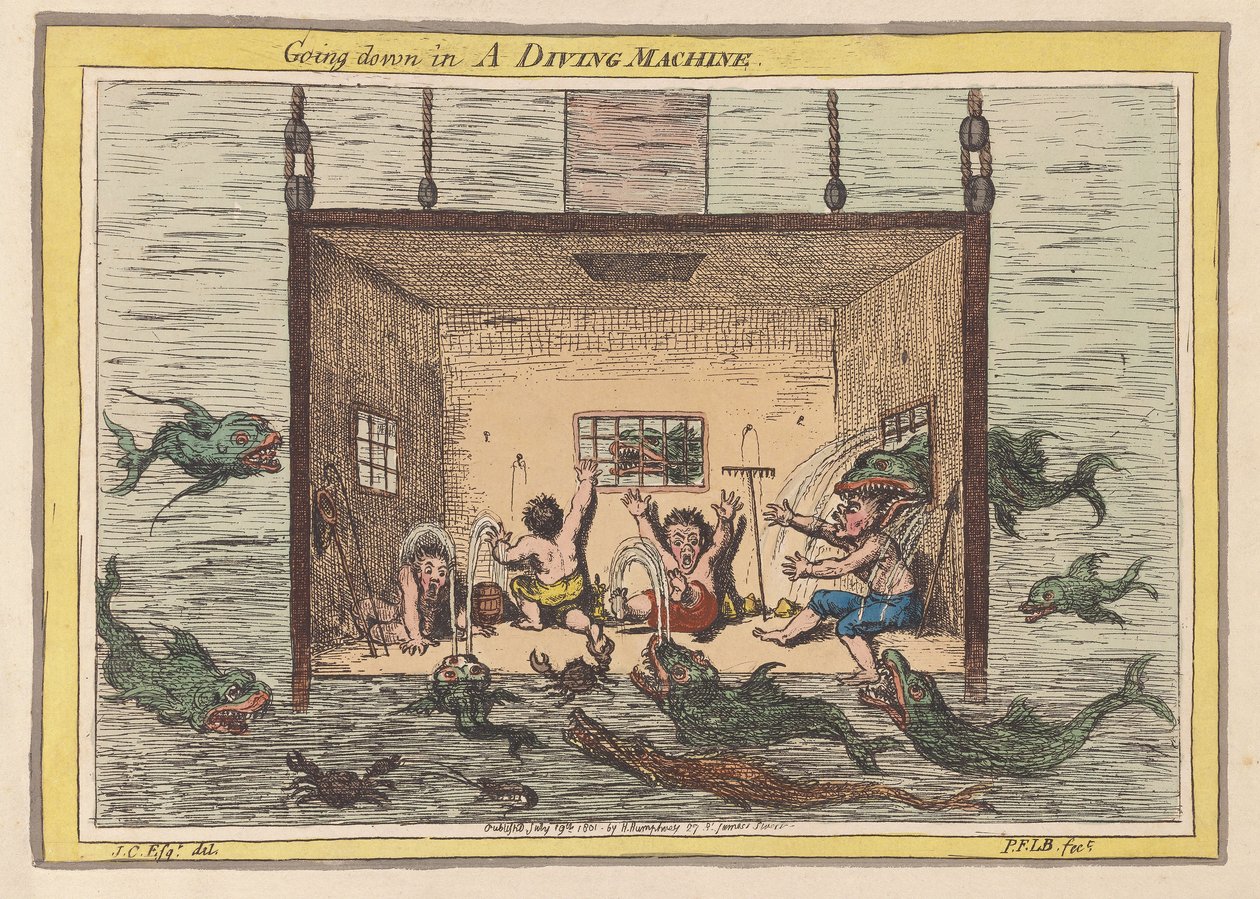 Going down in a Diving Machine, pub 1801 (håndfarvet gravering) af James Gillray