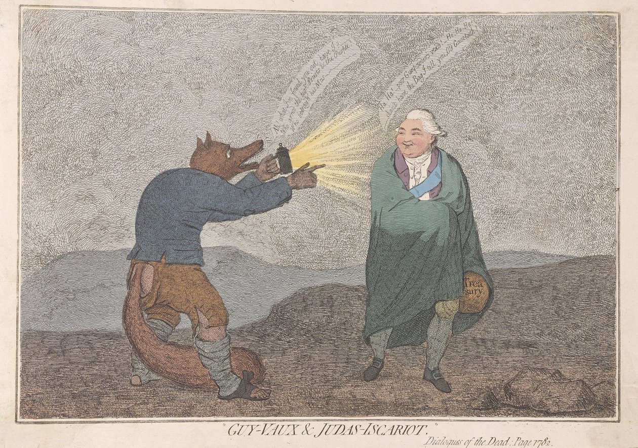 Guy-Vaux og Judas-Iskariot, pub. 1782 (håndfarvet gravering) af James Gillray