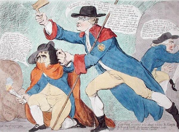 Guy Vaux opdaget i forsøget på at ødelægge kongen og overhuset, udgivet af Hannah Humphrey i 1791 (håndfarvet radering) af James Gillray