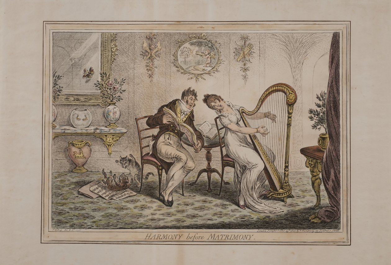 Harmony before Matrimony, udgivet af Hannah Humphrey, 1805 (håndfarvet radering) af James Gillray