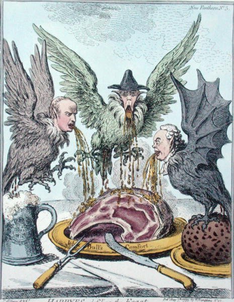 Harpyes Destroying the Feast, udgivet af Hannah Humphrey i 1799 (håndfarvet radering) af James Gillray