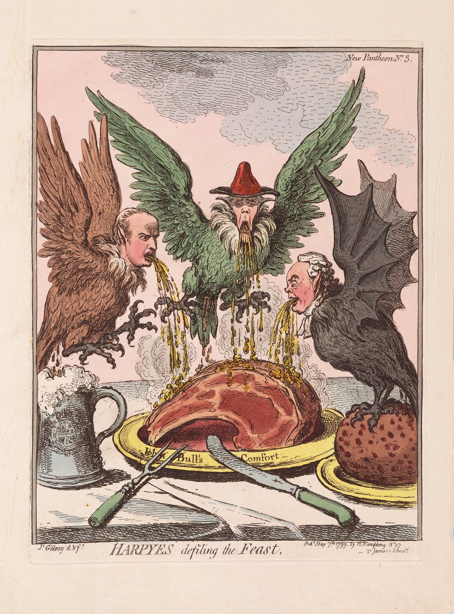 Harpyes, der besmitter festen, pub. 1799 (håndfarvet gravering) af James Gillray