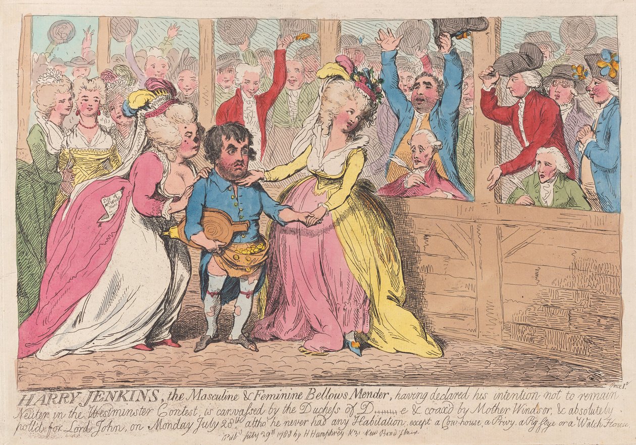 Harry Jenkins, the Masculine & Feminine Bellows Mender, pub. 1788 (håndfarvet gravering) af James Gillray