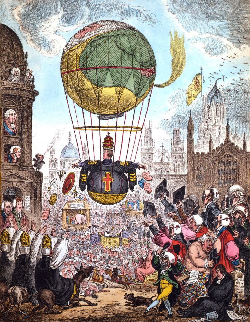 Han styrer sin flyvning til loftet, der har magten i den skumle luft, der føltes usædvanlig vægt., 1810 af James Gillray