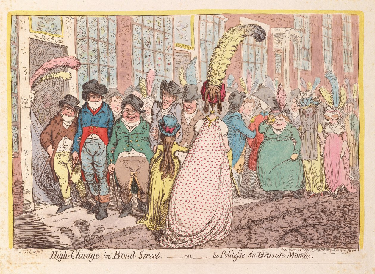 High Change i Bond Street, eller The Politeness of the Big World, pub. 1796 (håndfarvet gravering) af James Gillray