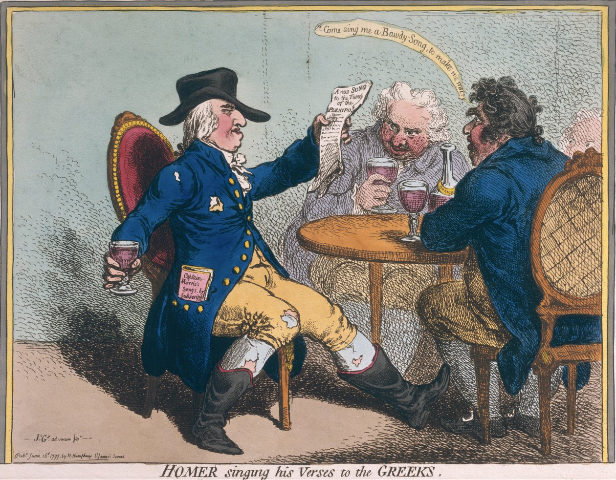Homer synger sine vers til grækerne, udgivet af Hannah Humphrey i 1797 (håndfarvet radering) af James Gillray
