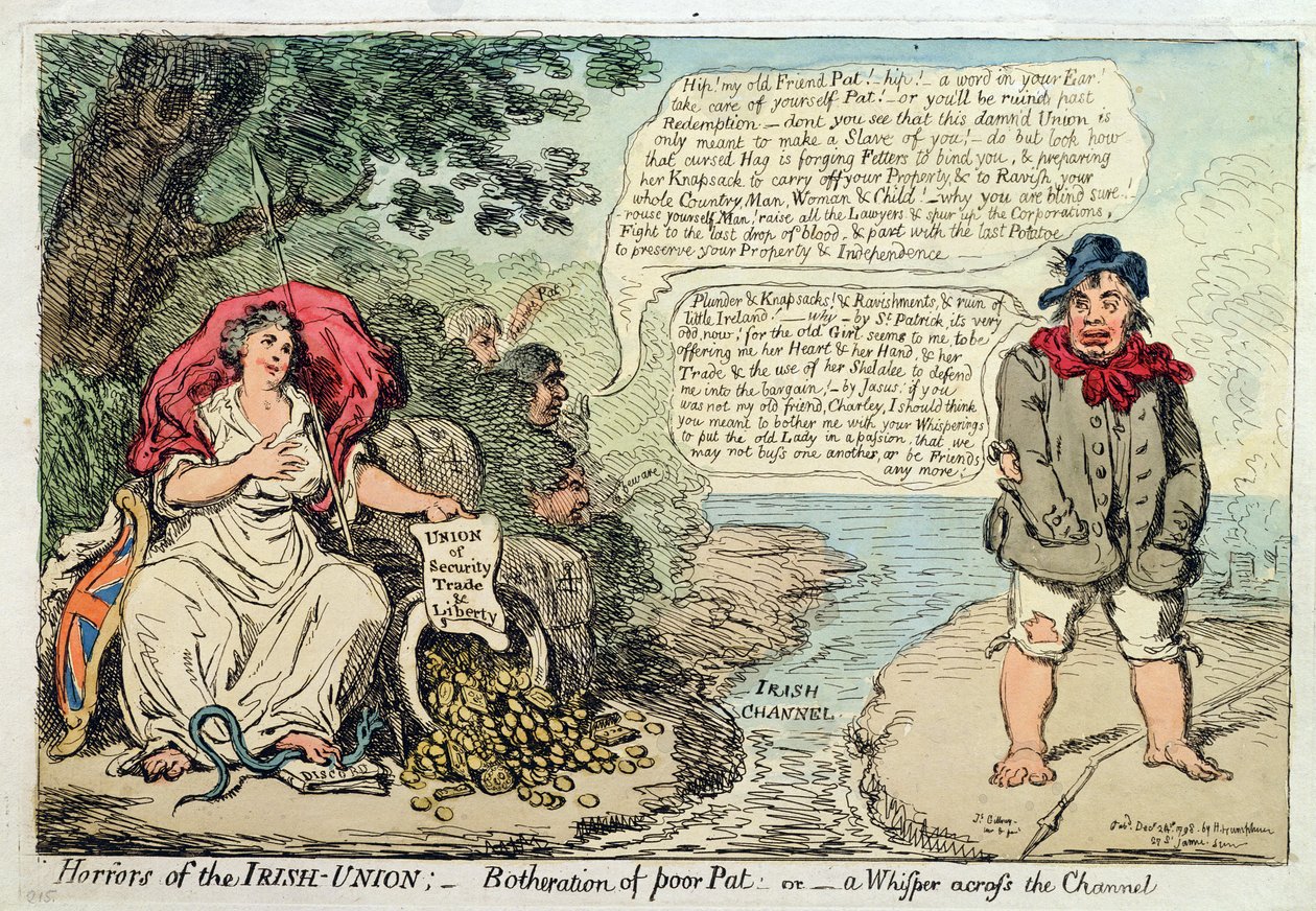 Horrors of the Irish Union: Botheration of Poor Pat, or A Whisper across the Channel, udgivet af Hannah Humphrey i 1798 (håndfarvet radering) af James Gillray