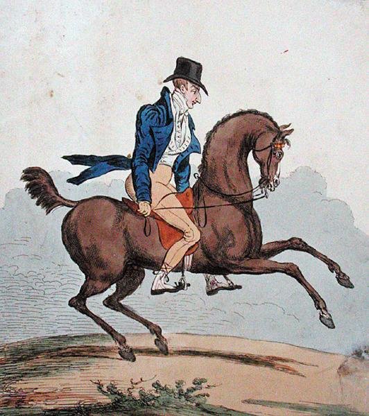 "Sådan bryder jeg ind i min egen hest!" udgivet af Hannah Humphrey i 1803 (håndfarvet radering) af James Gillray
