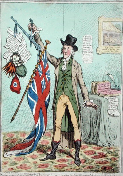Forbedring i vægte og vægte, eller Sir John Seeclear opdager balancen i det britiske flag, udgivet af Hannah Humphrey i 1798 (håndfarvet radering) af James Gillray