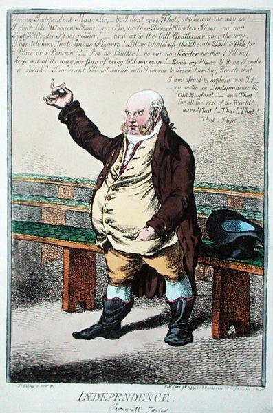 Independence, eller Tyrwhitt Jones, udgivet af Hannah Humphrey i 1799 (håndfarvet radering) af James Gillray