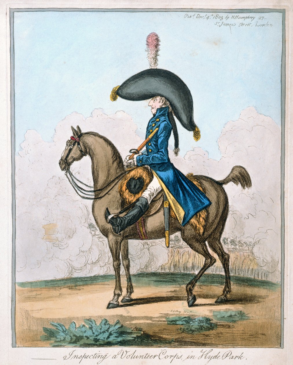 Inspecting a Volunteer Corps in Hyde Park, udgivet af Hannah Humphrey i 1803 (håndfarvet radering) af James Gillray